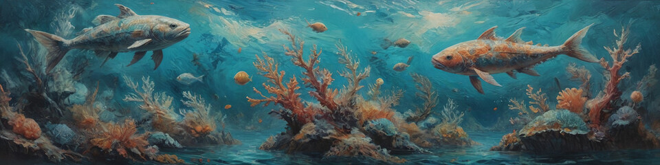 Fototapeta premium Dreamlike marine life swims through surreal, textured oil canvases, portraying an underwater world where fantasy and reality coalesce in mesmerizing forms, Generative AI