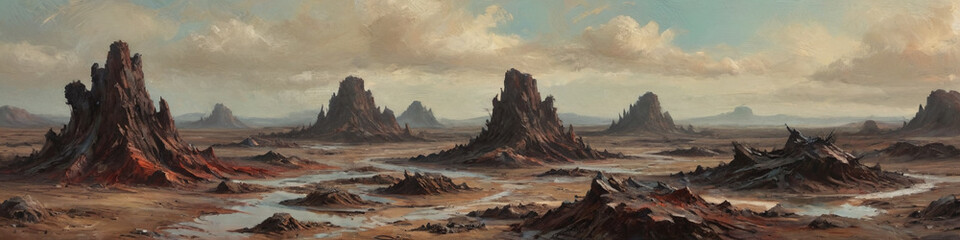 The desolation of a ravaged planet is portrayed in surreal, textured oil canvases, showcasing raw wastelands under changing atmospheric conditions, Generative AI
