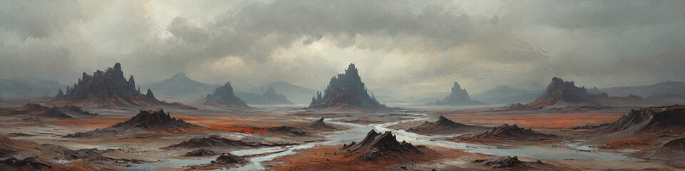 Naklejka premium Bleak landscapes of a desolate planet are depicted through textured oil applications, showcasing raw wastelands under harsh atmospheric conditions, Generative AI