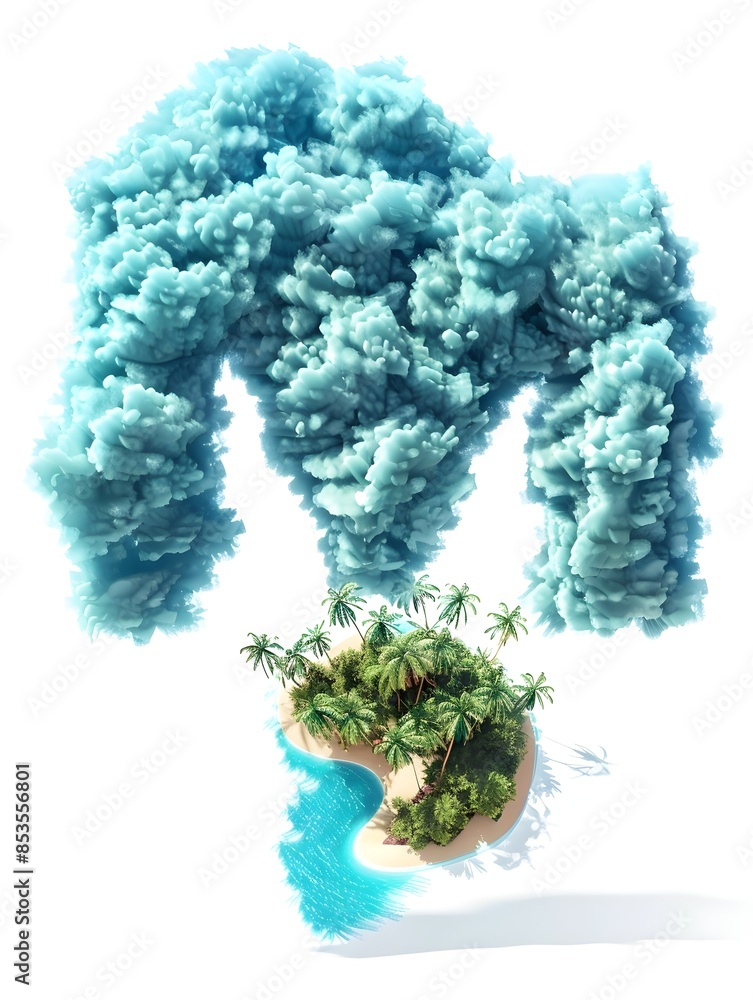 Poster bright cyan cloud in m-shape hovering above tropical island backdrop