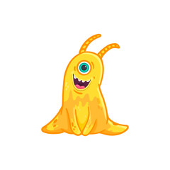 Cute cartoon yellow monster on white background. Yellow space creature. Doodle monster. 