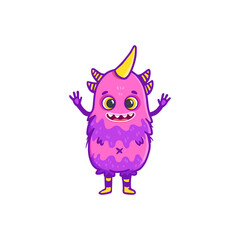 Cute cartoon purple monster on white background. Monster Icon. Happy Alien. Doodle Funny monster with pink color. 