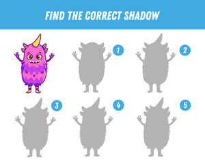 Find correct shadow of cute purple monster. Educational logical game for kids. Halloween game. Cartoon monster. 