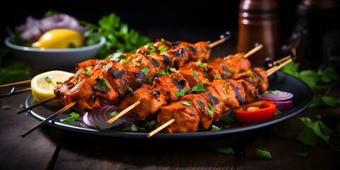 Tandoori Spicy Indian Chicken Skewers. Concept Tandoori Spiced Chicken, Indian Cuisine, Grilled Skewers, Flavorful Marination, Spicy Appetizer