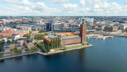 Stockholm, Sweden. Stockholm City Hall and Lake Malaren. Panorama of the city. Summer day, Aerial View