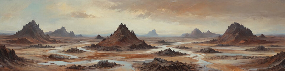 Fototapeta premium Surrealist interpretations of a barren world are captured in thick oil layers, depicting raw wastelands and the harshness of atmospheric elements, Generative AI