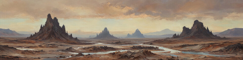 Naklejka premium Surrealist interpretations of a barren world are captured in thick oil layers, depicting raw wastelands and the harshness of atmospheric elements, Generative AI
