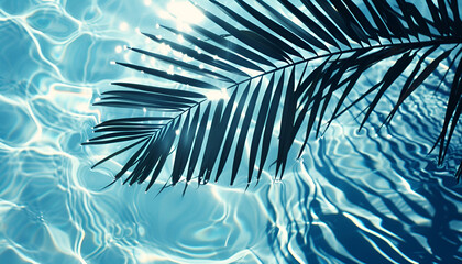 ropical Leaf Shadow on Water. Transparent Overlay of Palm Leaf Silhouette with Ripples on Blue Water Surface