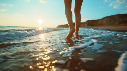 夕焼けの海辺を歩く足のアップ