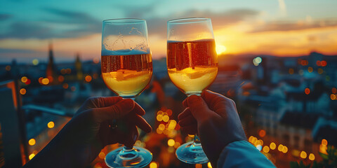 Close-up of two glasses being raised in celebration on a rooftop bar overlooking a city