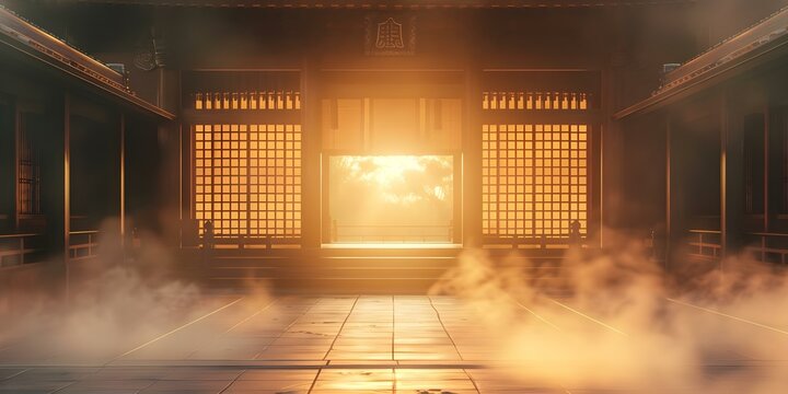 3D Rendering of a Traditional Japanese Dojo or Karate School in Haze A Misty View. Concept 3D Rendering, Traditional Japanese Dojo, Karate School, Haze Misty View