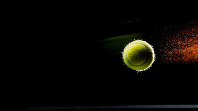 Tennis ball hit water and splash in air. Green Tennis ball fly in rain and splatter spin splash in droplet water. Black background isolated freeze action