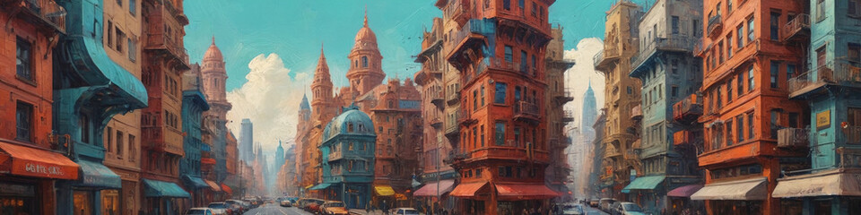 Obraz premium Kaleidoscopic sci-fi cityscapes come to life in textured oil canvases, showcasing vibrant buildings against a colorful planetary backdrop, Generative AI
