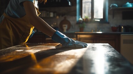 Obraz premium Woman with gloves cleaning the table