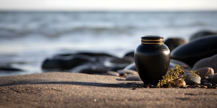 Cremation urn placed on a rocky beach for a serene final resting place. Concept Cremation, Urns, Beach, Serene Resting Place