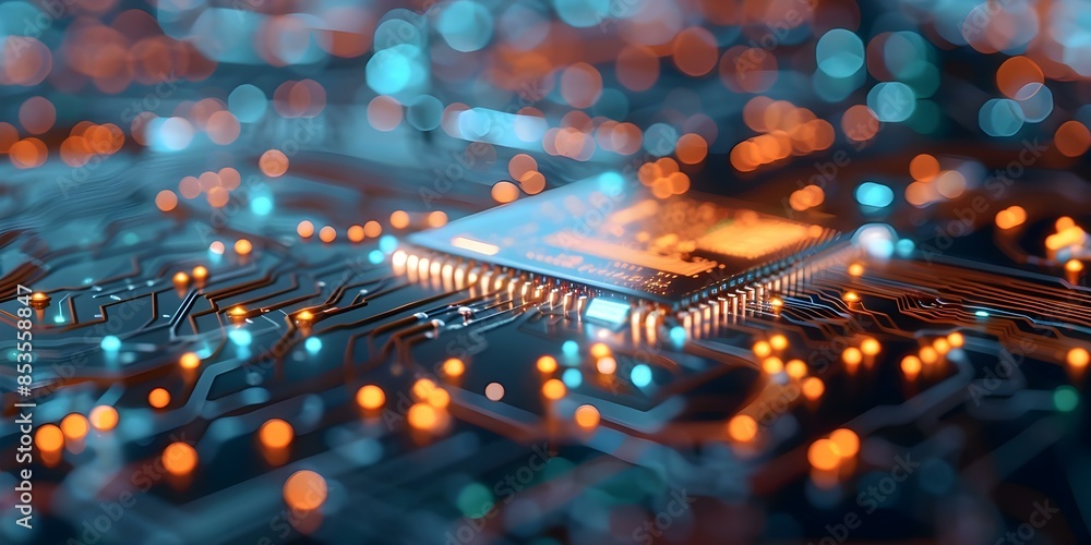Poster visual representation of binary data flowing through circuit board with orange, blue, and white ligh
