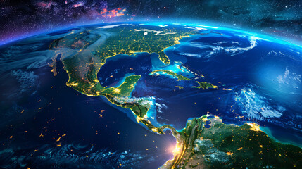 Obraz premium nighttime Earth from space, city lights, glowing continents, vibrant illumination, detailed satellite imagery