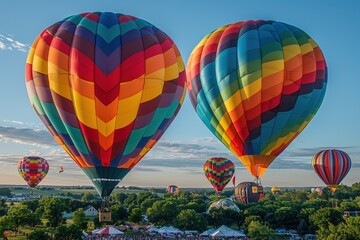 Fototapeta premium A colorful hot air balloon festival with dozens of balloons in the sky, a large crowd, and a festive atmosphere.