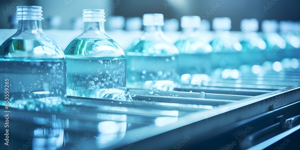 Poster advanced technology used in a water factory for moving empty pet bottles on a conveyor belt. concept