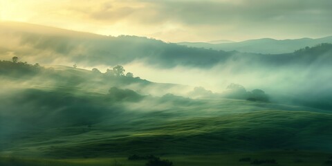 Fototapeta premium Serene landscape of rolling hills with mist and soft sunlight filtering through at dawn