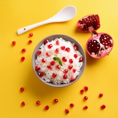Healthy pomegranate rice on yellow background