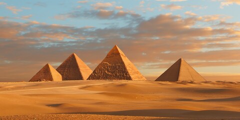 Majestic Pyramids of Giza captured during a stunning sunset in the Egyptian desert