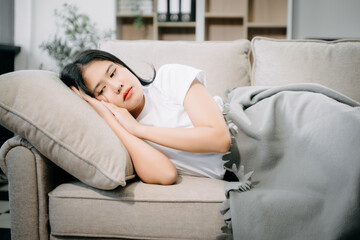 woman sit Depression Dark haired  pensive glance Standing by window and anxiety Copy space. .