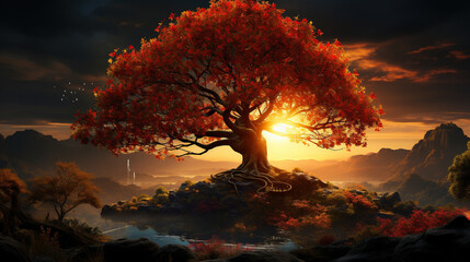 Contemporary Scene Of Big Tree With Sun Rays Breaking Through The Red Leaves Landscape Background