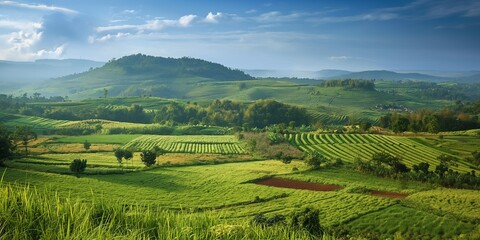 Fototapeta premium Lush green farm terraces spread across rolling hills with a blue sky above