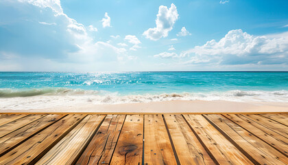 Fototapeta premium Empty Wooden Platform on Sunny Tropical Beach. Summer Product Showcase Background for Branding and Marketing