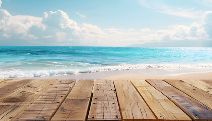Fototapeta premium Empty Wooden Platform on Sunny Tropical Beach. Summer Product Showcase Background for Branding and Marketing