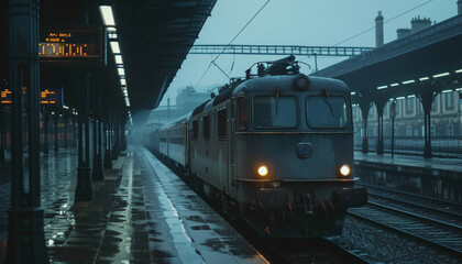 Fototapeta premium A train is sitting on the tracks at a train station by AI generated image