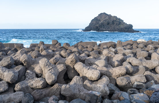 Coastal defenses tetrapods, breakwater concrete structures, wave breakers, shoreline protection