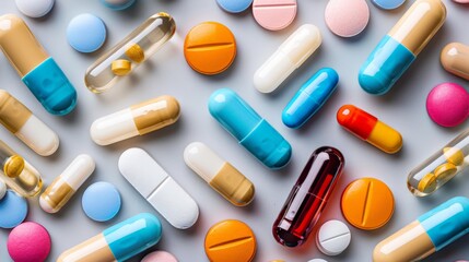 Photograph of assorted medicinal capsules arranged in a visually appealing pattern on a clean surface, perfect for health ads