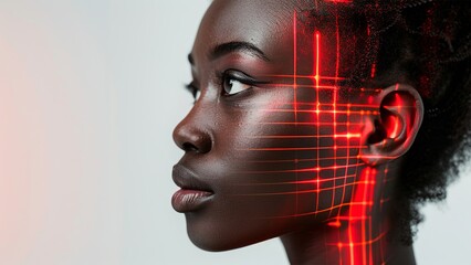 Black woman cyber security expert. With AI code illusminated overlay around her. Working in a data center. Female Computer Engineer. Generate AI.