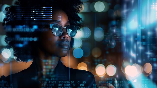 Black woman cyber security expert. With AI code illusminated overlay around her. Working in a data center. Female Computer Engineer. Generate AI.