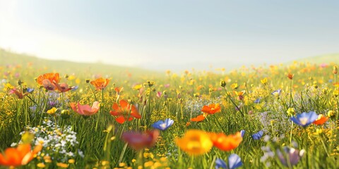 Obraz premium A sunlit meadow filled with bright wildflowers offers a sense of calm and beauty