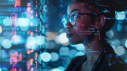 Black woman cyber security expert. With AI code illusminated overlay around her. Working in a data center. Female Computer Engineer. Generate AI.
