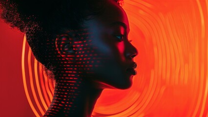 Black woman cyber security expert. With AI code illusminated overlay around her. Working in a data center. Female Computer Engineer. Generate AI.