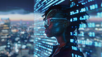 Black woman cyber security expert. With AI code illusminated overlay around her. Working in a data center. Female Computer Engineer. Generate AI.
