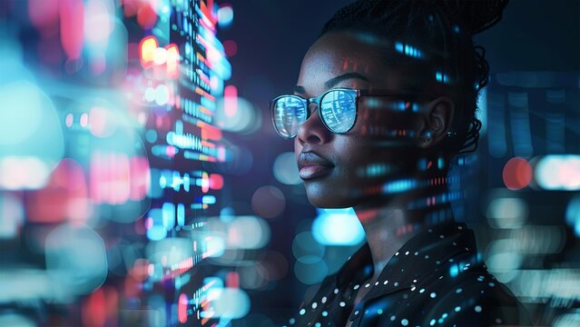 Black woman cyber security expert. With AI code illusminated overlay around her. Working in a data center. Female Computer Engineer. Generate AI.