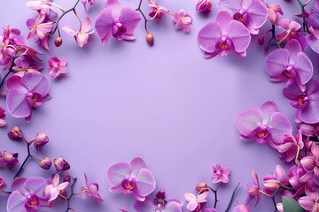 beautiful composition of violet orchids flowers frame on purple background top view, floral template with copy space