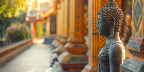 A buddha statue at a peaceful temple setting, providing a sense of calm and spirituality