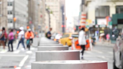New York City, United States, Manhattan Downtown Church and Fulton street traffic, crossroad intersection crosswalk. Yellow taxi car, smoke stack. People near USA World Trade Center Oculus. Defocused.