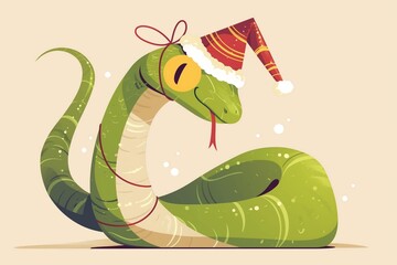 Naklejka premium Cartoon Green snake in a New Year's cap. New Year 2025. Cute, funny snake. Symbol of the year eastern calendar
