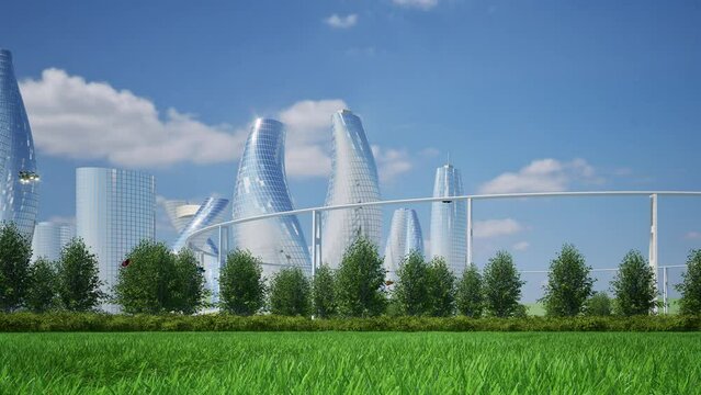 Fantastic futuristic city park maglev train levitation green eco landscape 4k