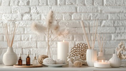 Fototapeta premium aesthetic photo of home decor items including scented candles and diffuser sticks