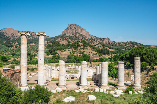 Scenic views of the Temple of Artemis at Sardis, the fourth largest Ionic temple in the world,  situated on the western slopes of the Acropolis, below the mass of the Tmolus Mountains, Salihli, Turkey