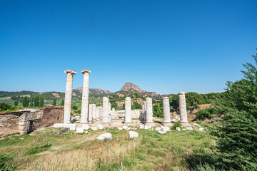 Scenic views of the Temple of Artemis at Sardis, the fourth largest Ionic temple in the world,  situated on the western slopes of the Acropolis, below the mass of the Tmolus Mountains, Salihli, Turkey