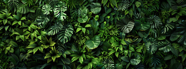 wall of tropical plants, dark green leaves, jungle background, banner,



